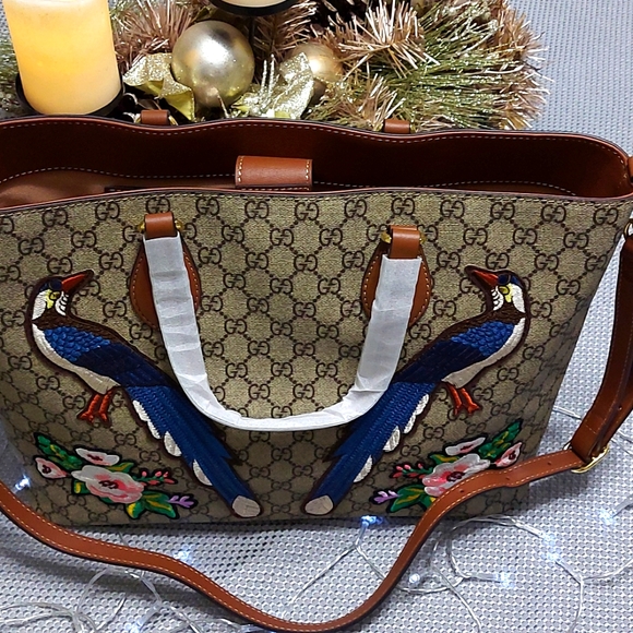 Gucci GG Supreme Peacock Brown Tote Leather Floral Bag Bird Handbag - Picture 12 of 12